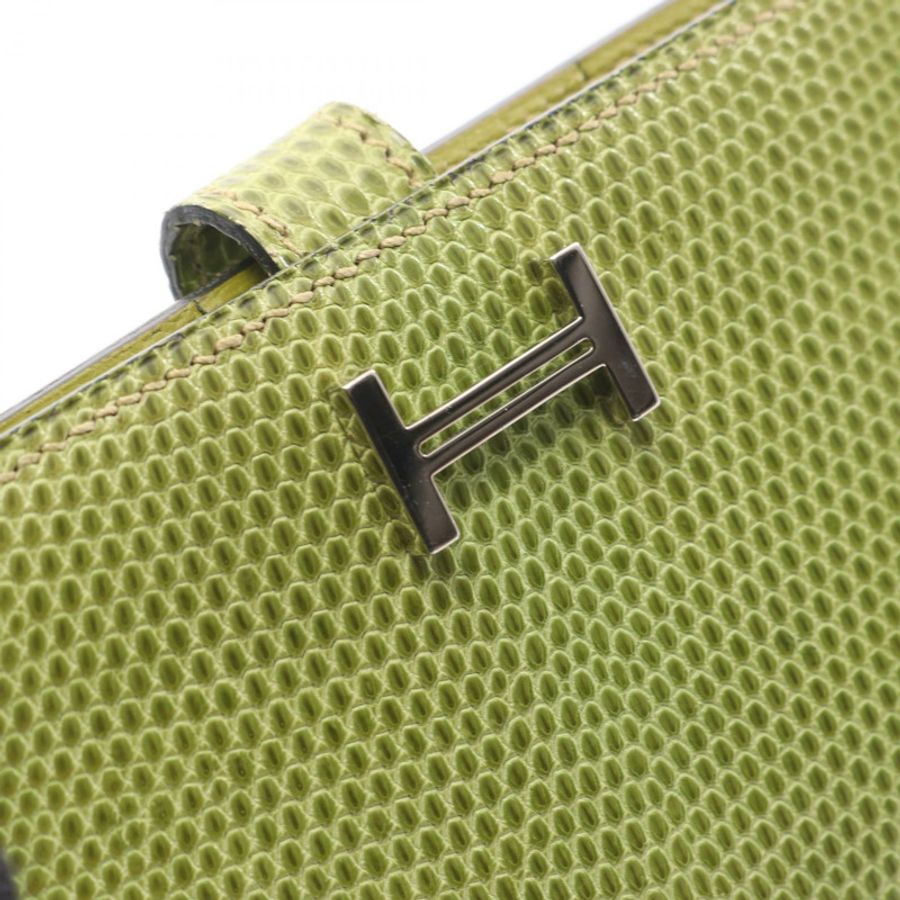 愛馬仕 Bearn Soufflet 雙折皮夾,蜥蜴皮異國皮革,綠色,二手,女士-9