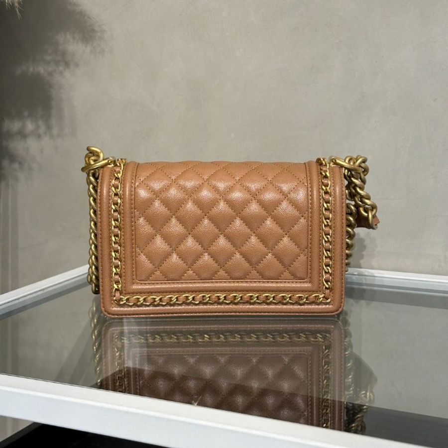 CHANEL Boy20 皮穿鍊鑲邊口蓋包 - 奶茶金-3
