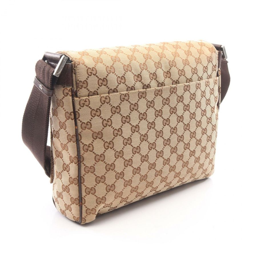 GUCCI GG帆布斜背包 146236 帆布皮革 米色棕色 二手-1