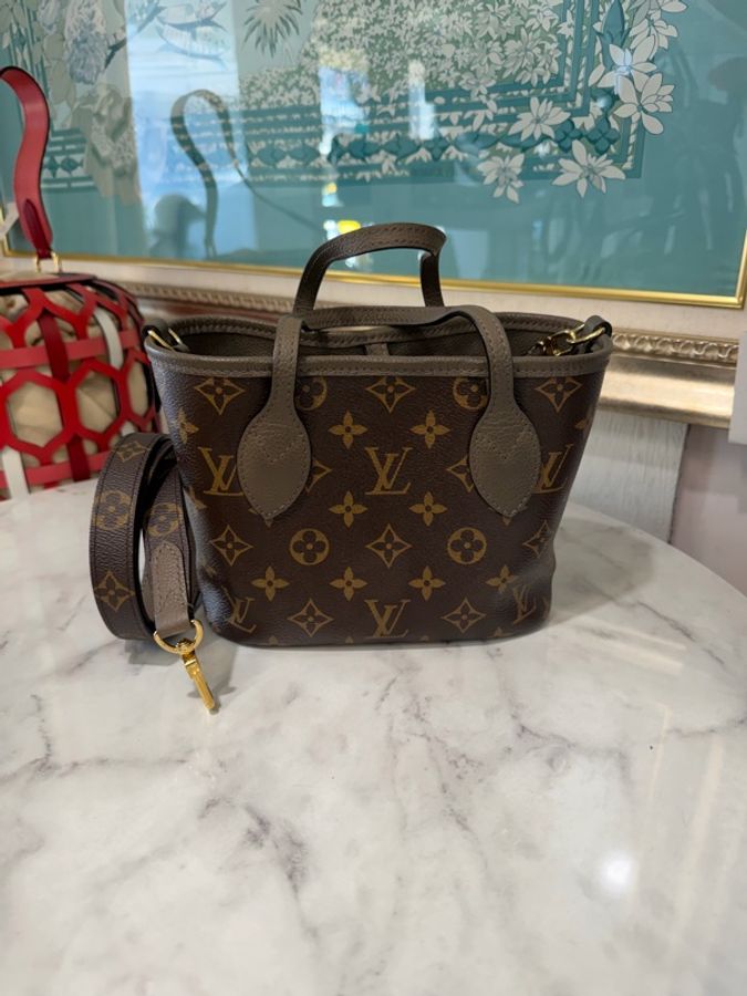 LV 原花拼褐灰牛皮Neverfull Bandouliere Inside Out BB金釦雙面手提肩斜背包M12109-0