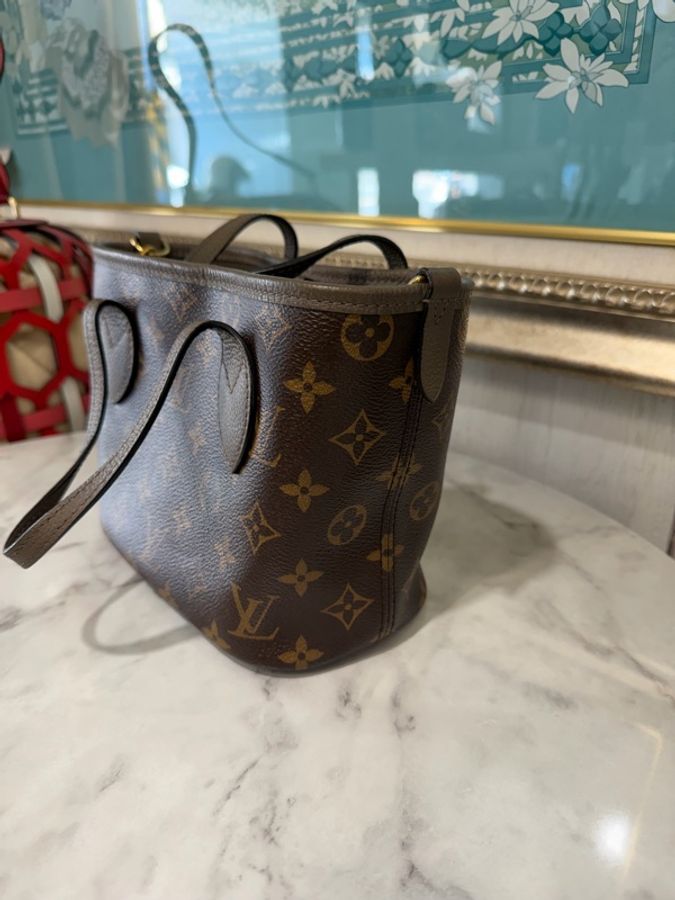LV 原花拼褐灰牛皮Neverfull Bandouliere Inside Out BB金釦雙面手提肩斜背包M12109-2