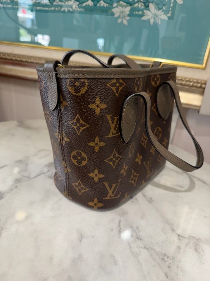 LV 原花拼褐灰牛皮Neverfull Bandouliere Inside Out BB金釦雙面手提肩斜背包M12109-3