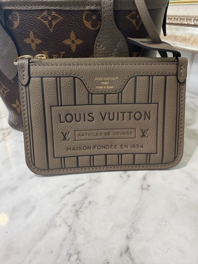 LV 原花拼褐灰牛皮Neverfull Bandouliere Inside Out BB金釦雙面手提肩斜背包M12109-6