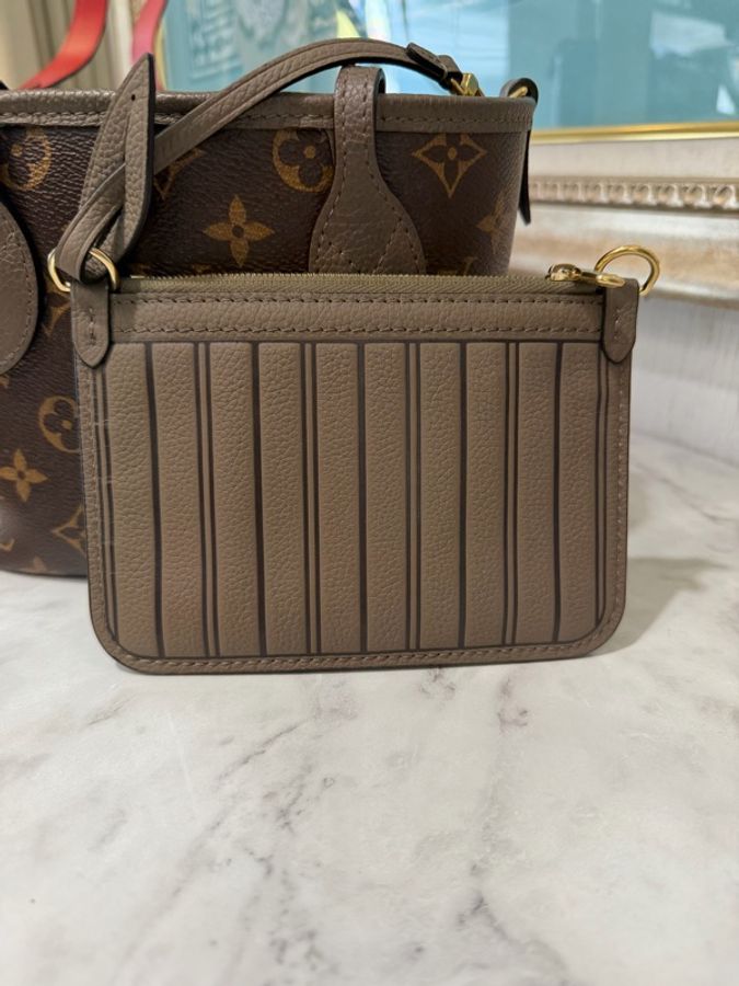 LV 原花拼褐灰牛皮Neverfull Bandouliere Inside Out BB金釦雙面手提肩斜背包M12109-7