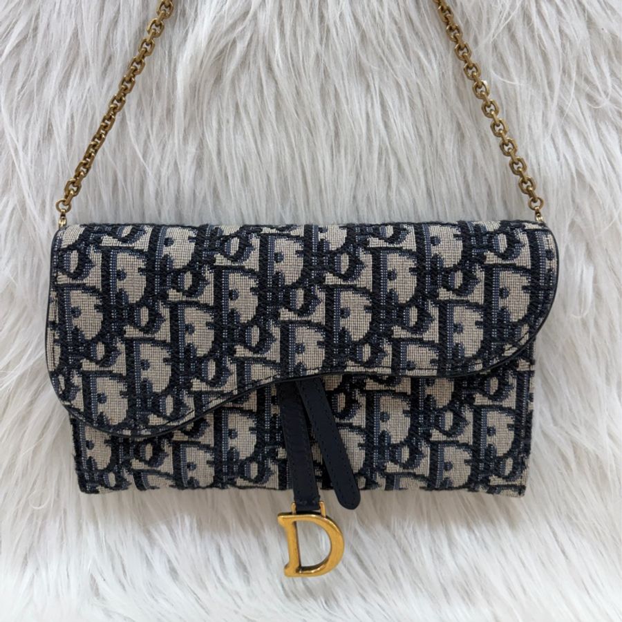 DIOR S5614 Saddle 藍緹花 金釦 woc 長夾-0