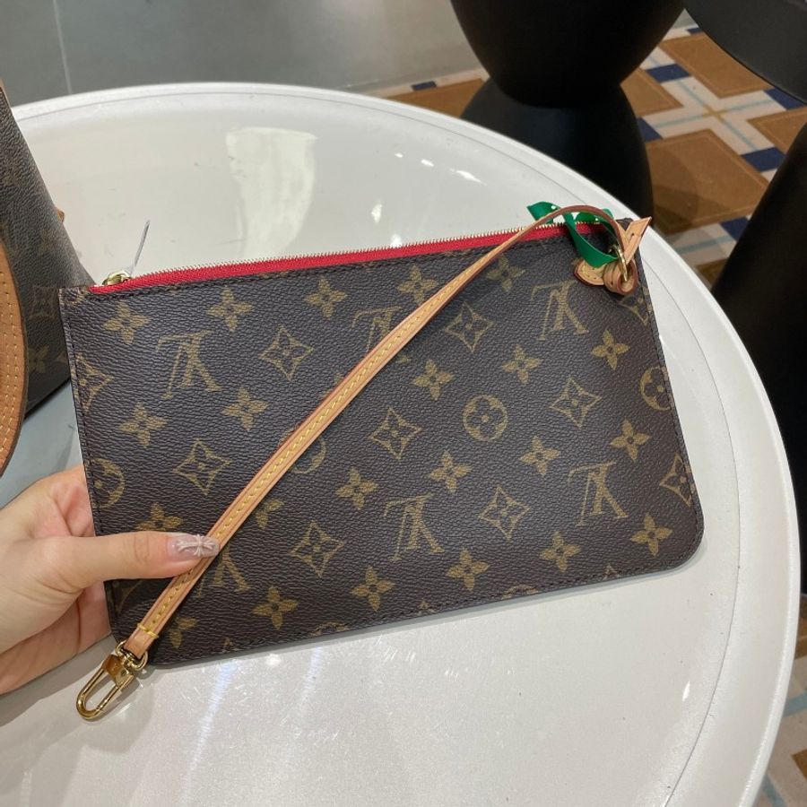 芯片款LV路易威登neverfull中号红色内里单肩购物袋手提包 31*28*16cm-14