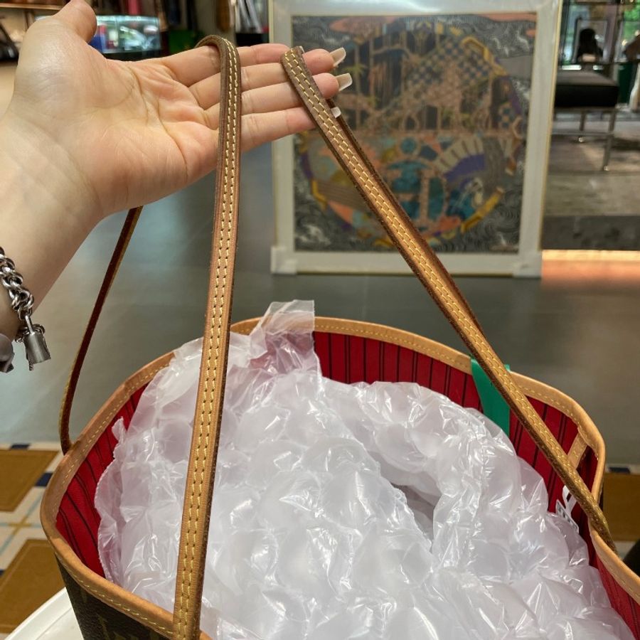 芯片款LV路易威登neverfull中号红色内里单肩购物袋手提包 31*28*16cm-19