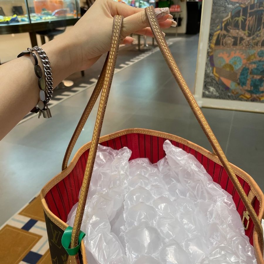 芯片款LV路易威登neverfull中号红色内里单肩购物袋手提包 31*28*16cm-20