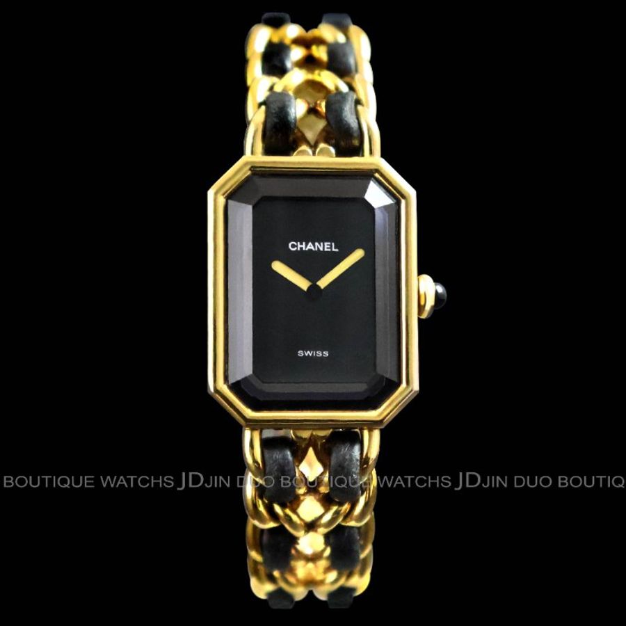 金鐸精品~2559 CHANEL香奈兒H0001 PREMIERE首映系列 L號皮革穿金鍊帶黑色面盤 石英女用腕錶-0