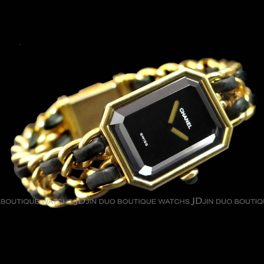 金鐸精品~2559 CHANEL香奈兒H0001 PREMIERE首映系列 L號皮革穿金鍊帶黑色面盤 石英女用腕錶-1