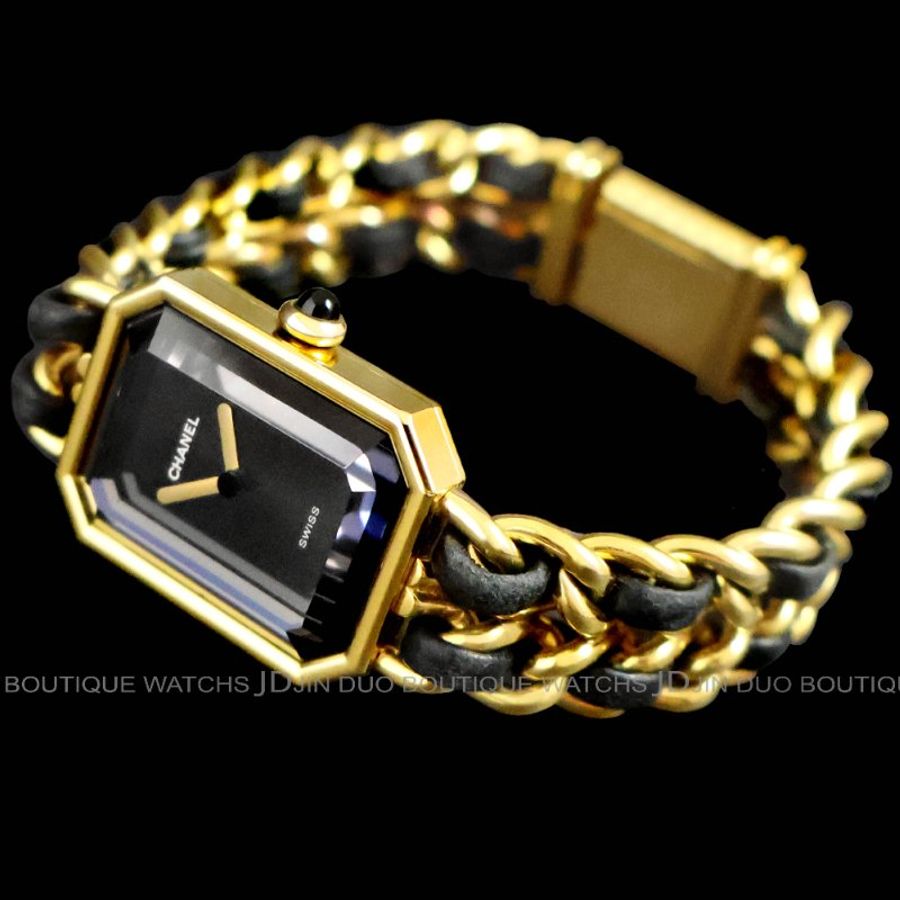 金鐸精品~2559 CHANEL香奈兒H0001 PREMIERE首映系列 L號皮革穿金鍊帶黑色面盤 石英女用腕錶-4