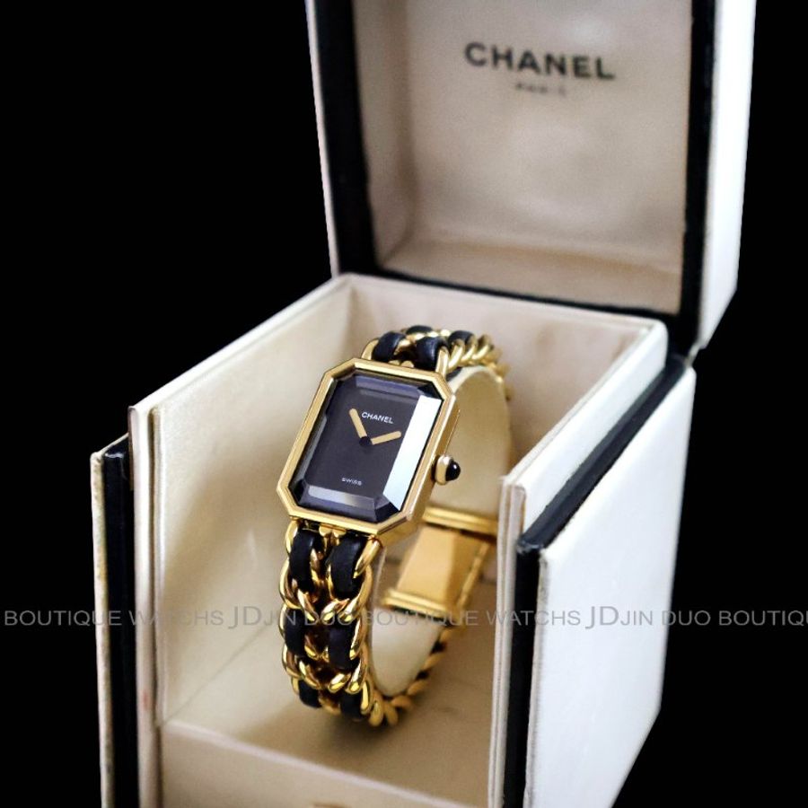 金鐸精品~2559 CHANEL香奈兒H0001 PREMIERE首映系列 L號皮革穿金鍊帶黑色面盤 石英女用腕錶-5
