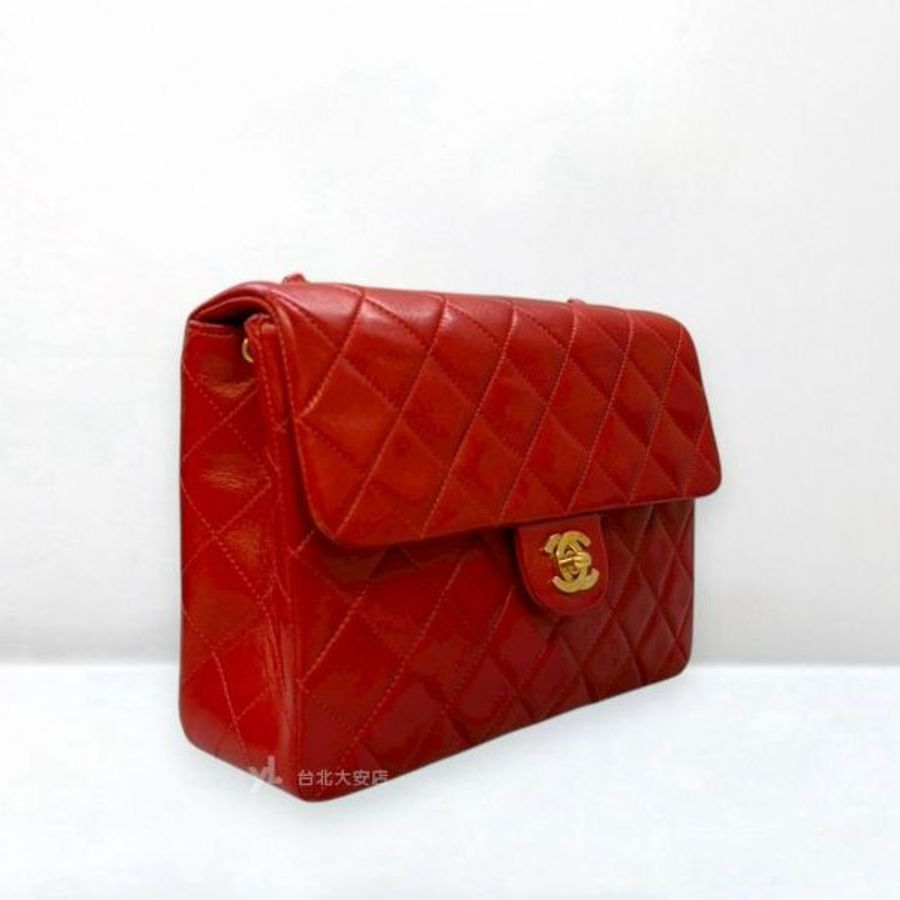 A13276-CHANEL Vintage 紅色羊皮金釦口蓋方胖子-1