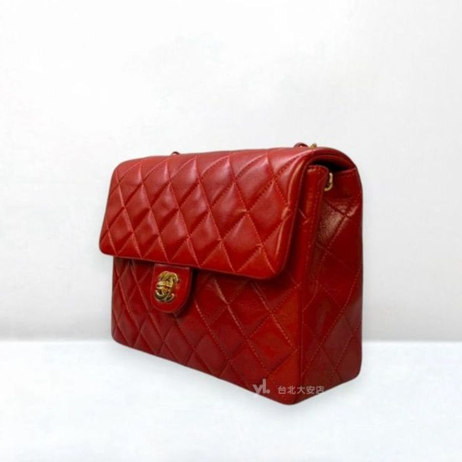 A13276-CHANEL Vintage 紅色羊皮金釦口蓋方胖子-2