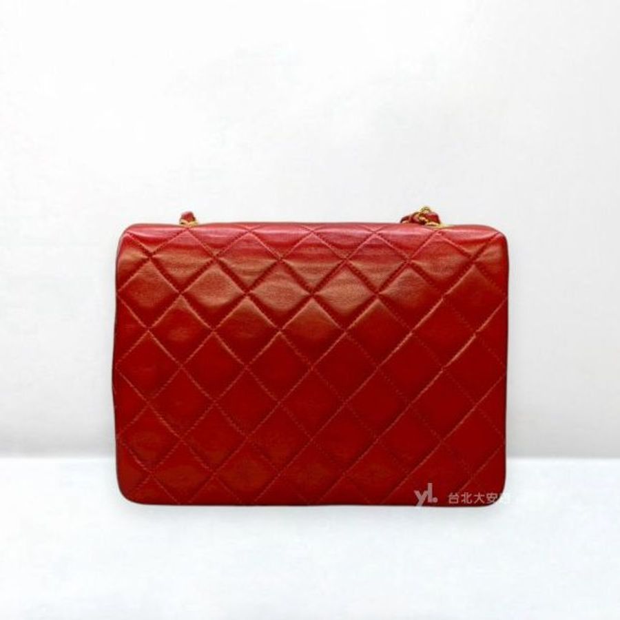 A13276-CHANEL Vintage 紅色羊皮金釦口蓋方胖子-3