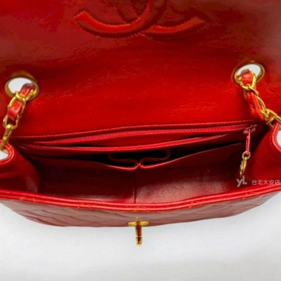 A13276-CHANEL Vintage 紅色羊皮金釦口蓋方胖子-5