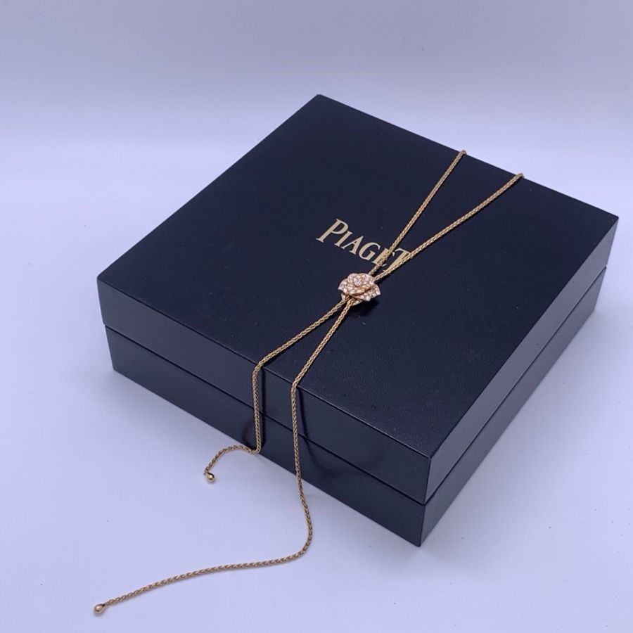 PIAGET 伯爵ROSE系列玫瑰金鑽石項鍊 滿鑽立體玫瑰造型-4