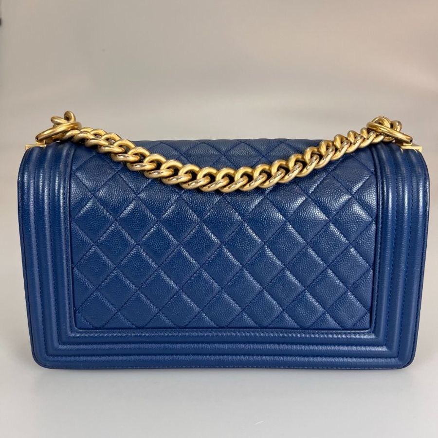 CHANEL BOY25金釦單肩斜挎鏈條包 藍荔枝 保卡款24開-1
