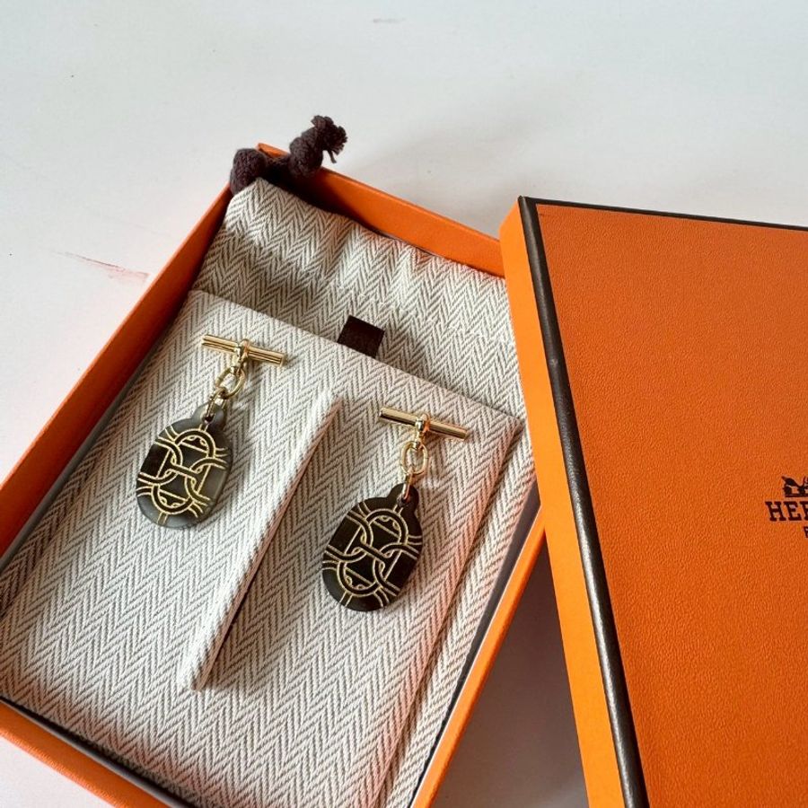 Hermès Chaine d'Ancre 豬鼻子 龜背 水牛角 金扣 耳環-0
