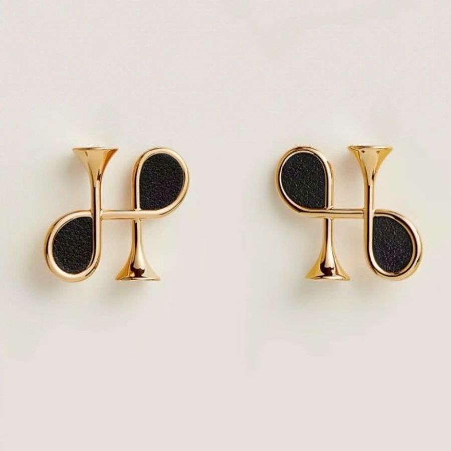 Hermès Cor H 黃金鍍金 皮革 小喇叭 H 形耳針 耳環-6