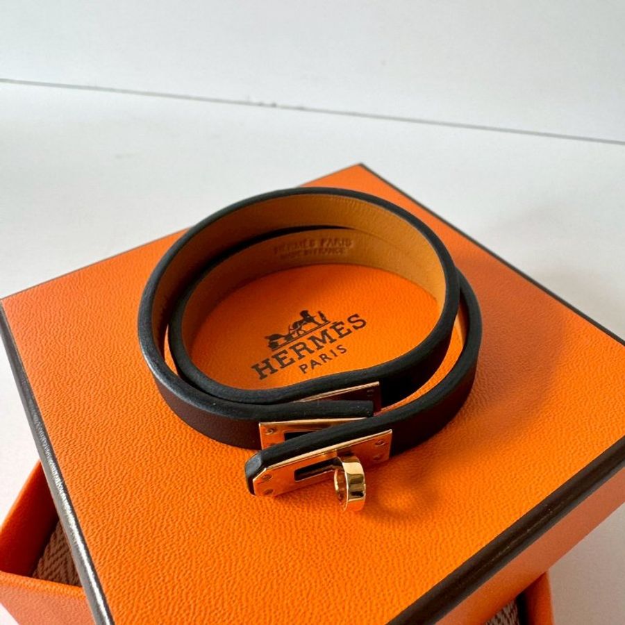 Hermès Mini Kelly Double Tour T2黑色 雙圈 小牛皮 皮革 玫瑰金扣 手環-0