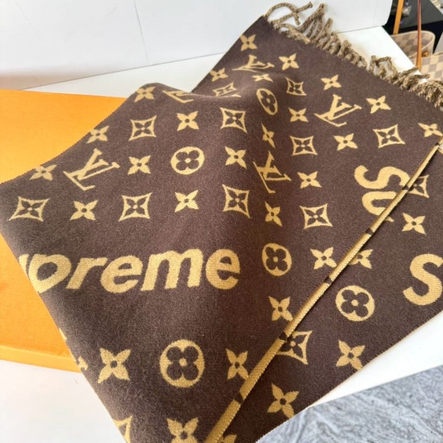 Louis Vuitton Supreme 聯名 經典 焦糖色 羊毛 羊絨 流蘇 圍巾 MP1891-0