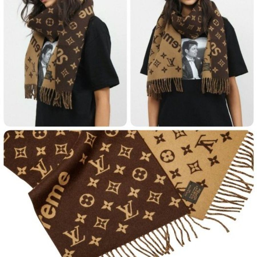 Louis Vuitton Supreme 聯名 經典 焦糖色 羊毛 羊絨 流蘇 圍巾 MP1891-2