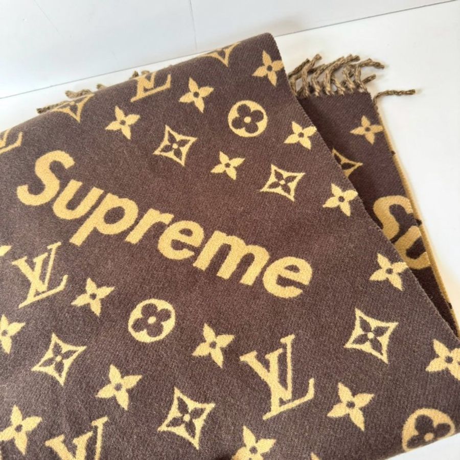 Louis Vuitton Supreme 聯名 經典 焦糖色 羊毛 羊絨 流蘇 圍巾 MP1891-6