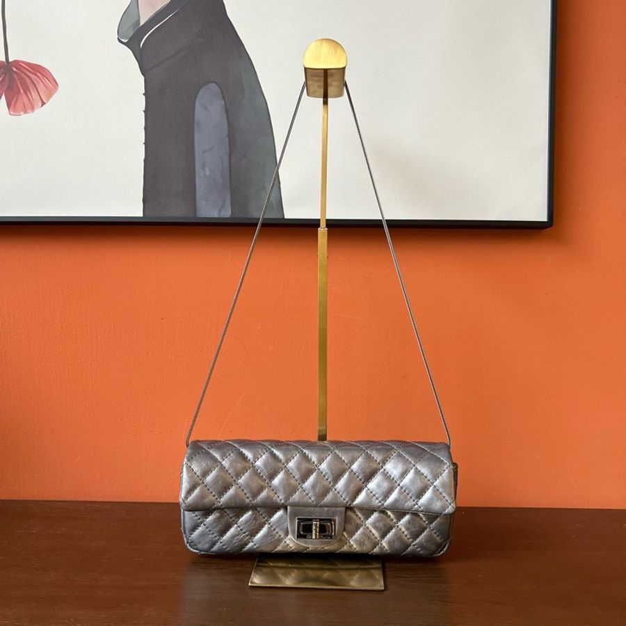 CHANEL香奈兒Vintage中古2.55銀色法棍包 98新-0