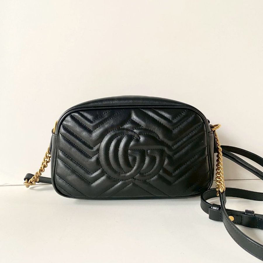 Gucci Marmont 黑色 中款 24 金GG 拉鍊 斜側背 相機包 447632-1