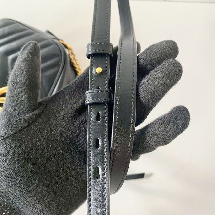 Gucci Marmont 黑色 中款 24 金GG 拉鍊 斜側背 相機包 447632-3