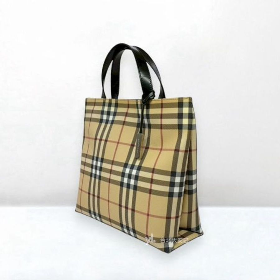 A13277-BURBERRY 經典格紋黑色牛皮手把直立托特包-2