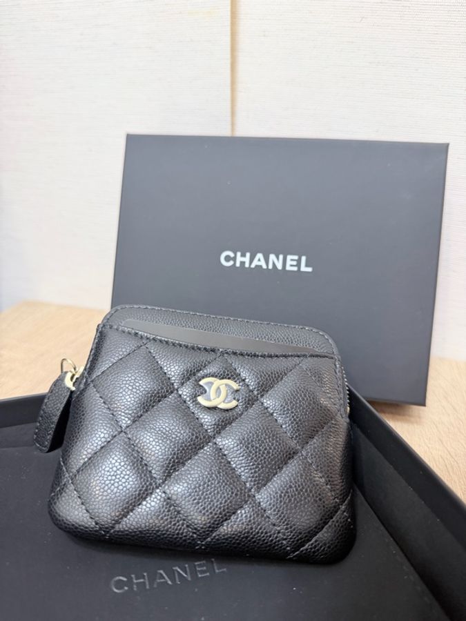 全新無使用過‼️Chanel 黑荔枝牛皮淡金釦吐司零錢包-1