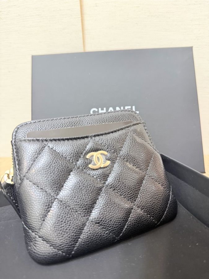 全新無使用過‼️Chanel 黑荔枝牛皮淡金釦吐司零錢包-4