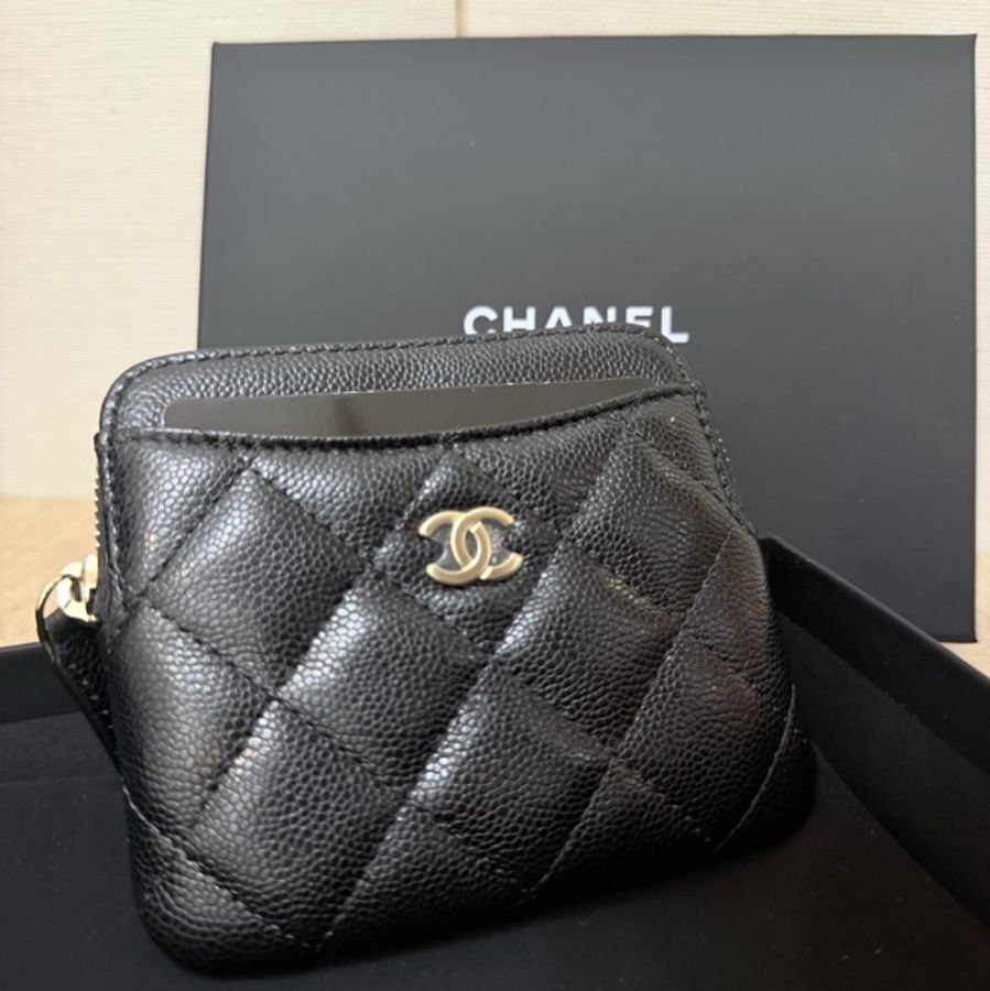 全新無使用過‼️Chanel 黑荔枝牛皮淡金釦吐司零錢包-5
