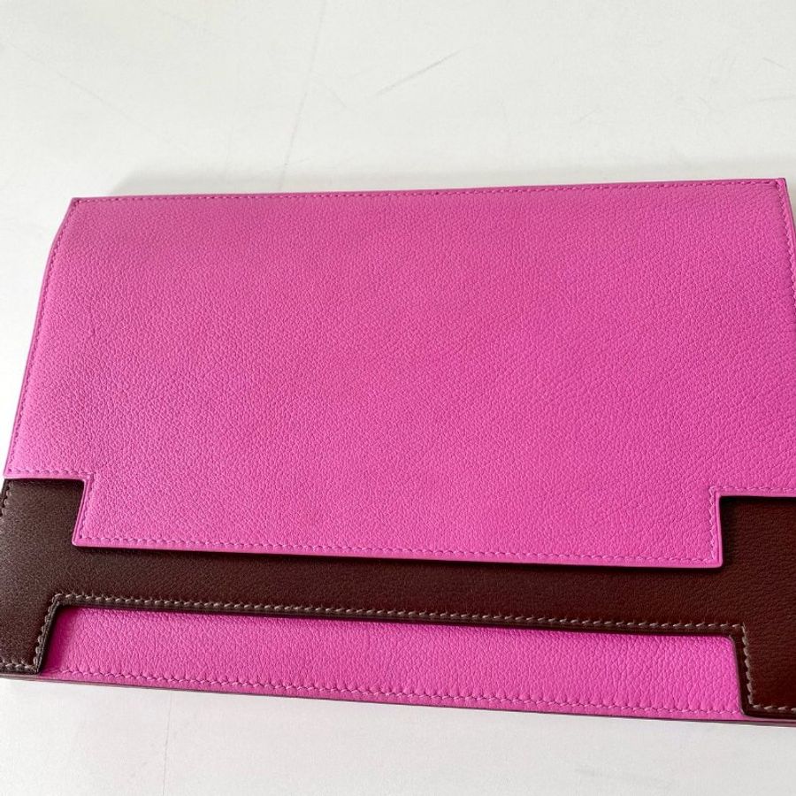 HERMES Multiplis 9i 玉蘭粉 拼 深棕色 EC皮 翻蓋 手拿包 A刻-5