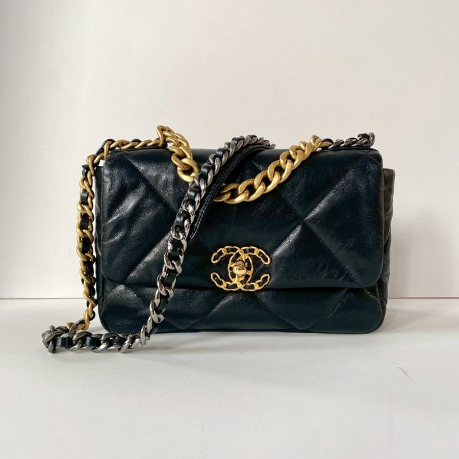 CHANEL 19系列 黑色 小羊皮 金釦 雙色鍊 26cm 保卡款 手提 斜挎 小號 口蓋包 AS1160-1