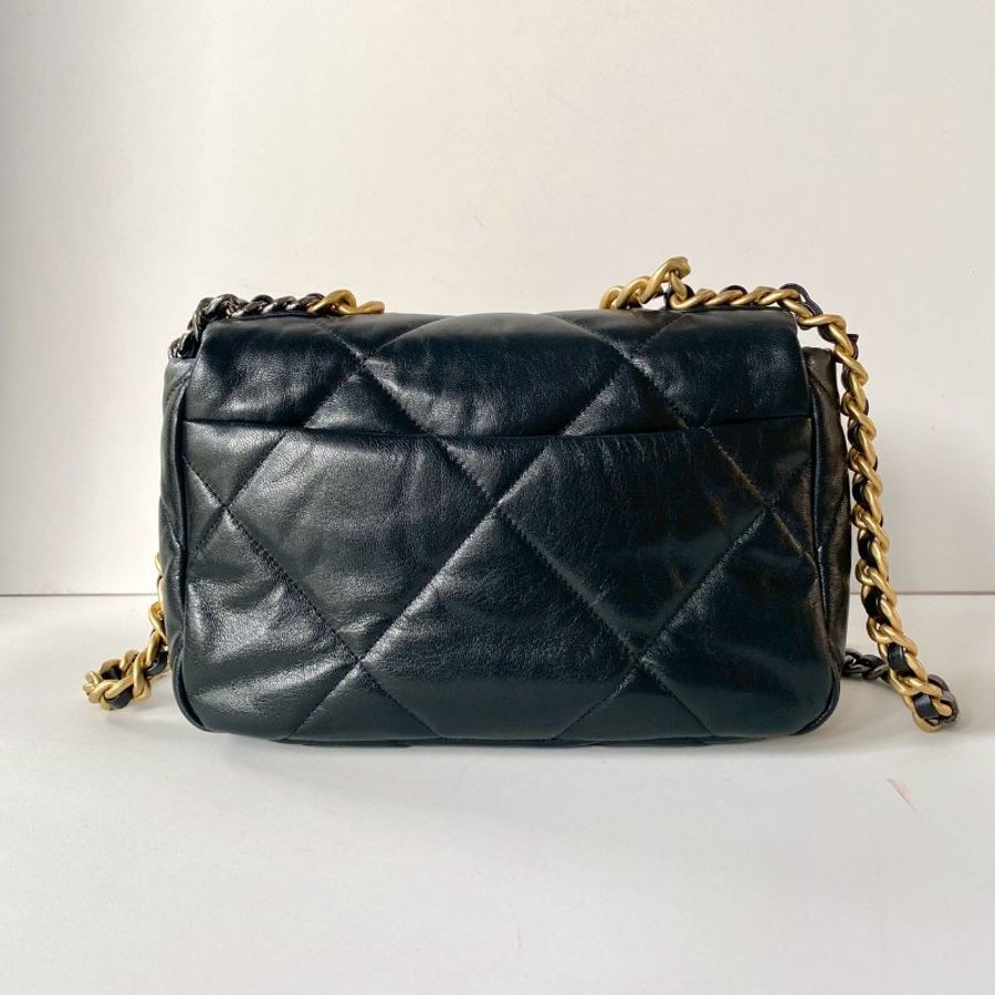 CHANEL 19系列 黑色 小羊皮 金釦 雙色鍊 26cm 保卡款 手提 斜挎 小號 口蓋包 AS1160-2