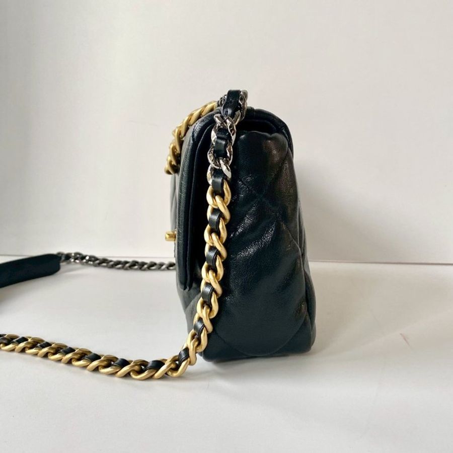 CHANEL 19系列 黑色 小羊皮 金釦 雙色鍊 26cm 保卡款 手提 斜挎 小號 口蓋包 AS1160-3