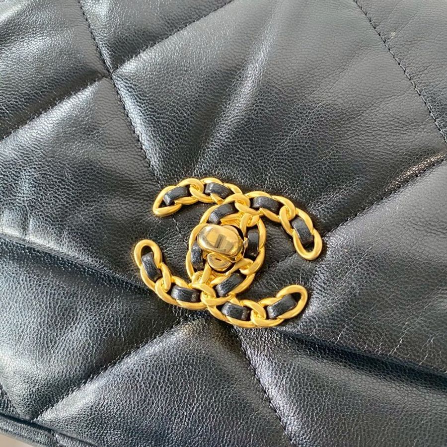 CHANEL 19系列 黑色 小羊皮 金釦 雙色鍊 26cm 保卡款 手提 斜挎 小號 口蓋包 AS1160-4