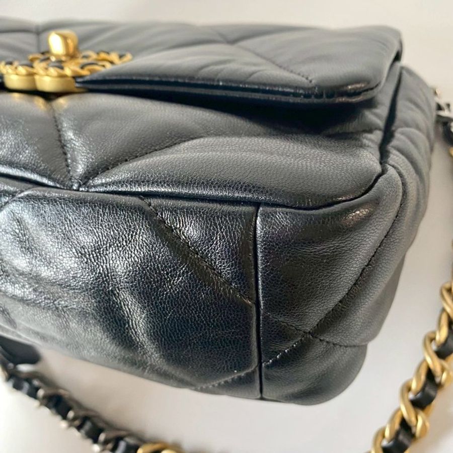 CHANEL 19系列 黑色 小羊皮 金釦 雙色鍊 26cm 保卡款 手提 斜挎 小號 口蓋包 AS1160-5