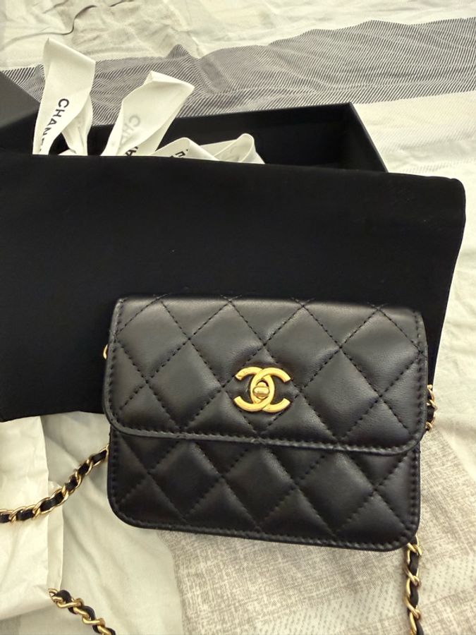Chanel 黑金 金球書包扣 可調節腰包 卡包 零錢包-2