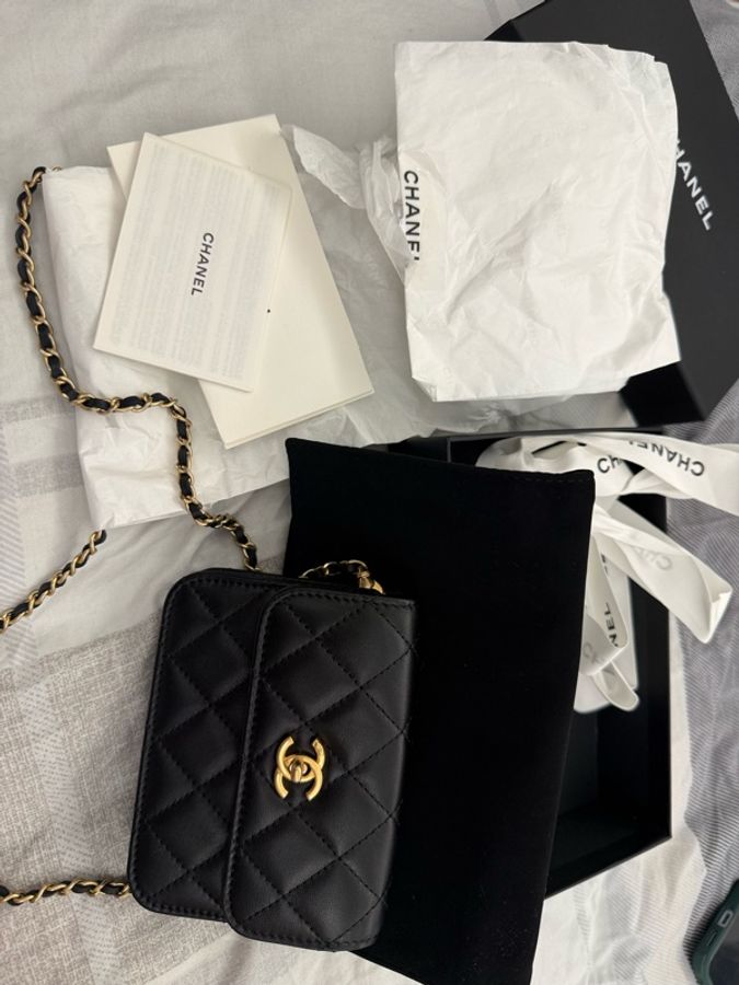 Chanel 黑金 金球書包扣 可調節腰包 卡包 零錢包-3