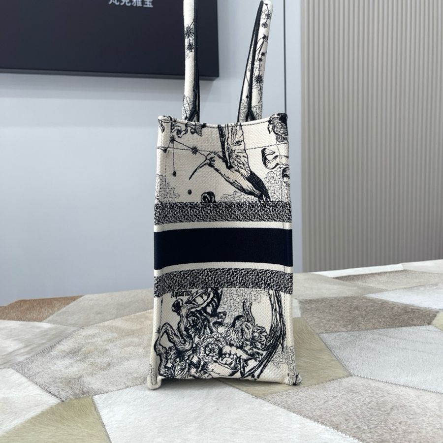 迪奧/Dior Book Tote 奶白色和黑色 Dior Zodiac 圖案刺繡 托特包手提包購物袋-3