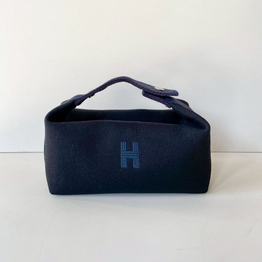 Hermes Trousse Bride 飯盒包 銀扣 小型 黑色 深藍色 帆布 便當包 收納包-0
