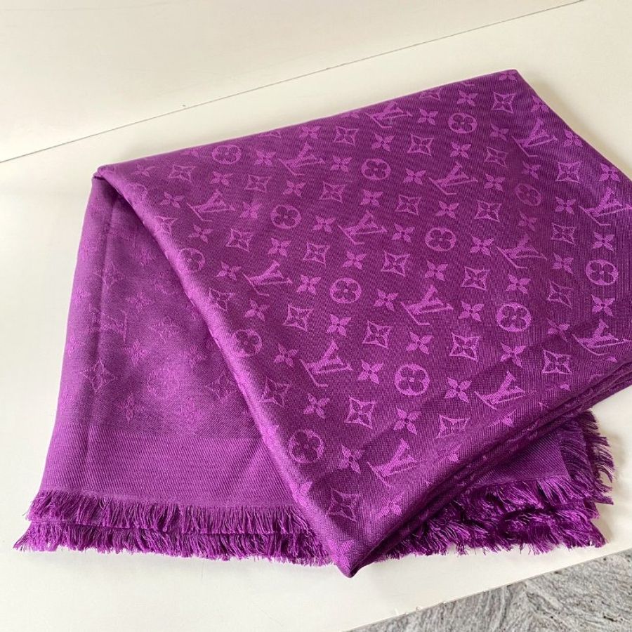 LV Monogram 絕版 深紫色 老花 絲綢 羊毛 披肩 圍巾 M74243-0