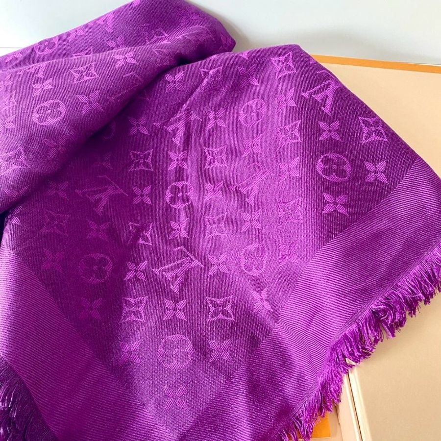 LV Monogram 絕版 深紫色 老花 絲綢 羊毛 披肩 圍巾 M74243-1