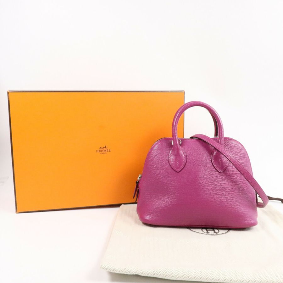 HERMES Chevre皮革Mini Bolide手挽肩背兩用袋Rose Pourpre-9