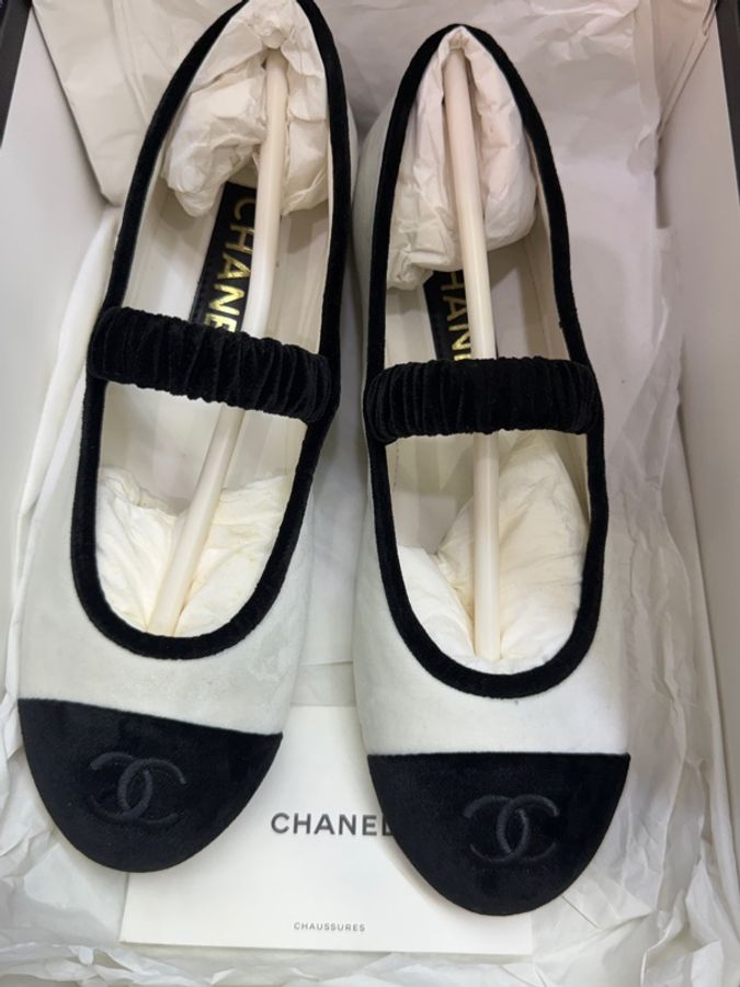 全新香奈兒chanel 平地鞋 芭蕾舞鞋絲絨熊貓配色瑪麗珍 size 36-1