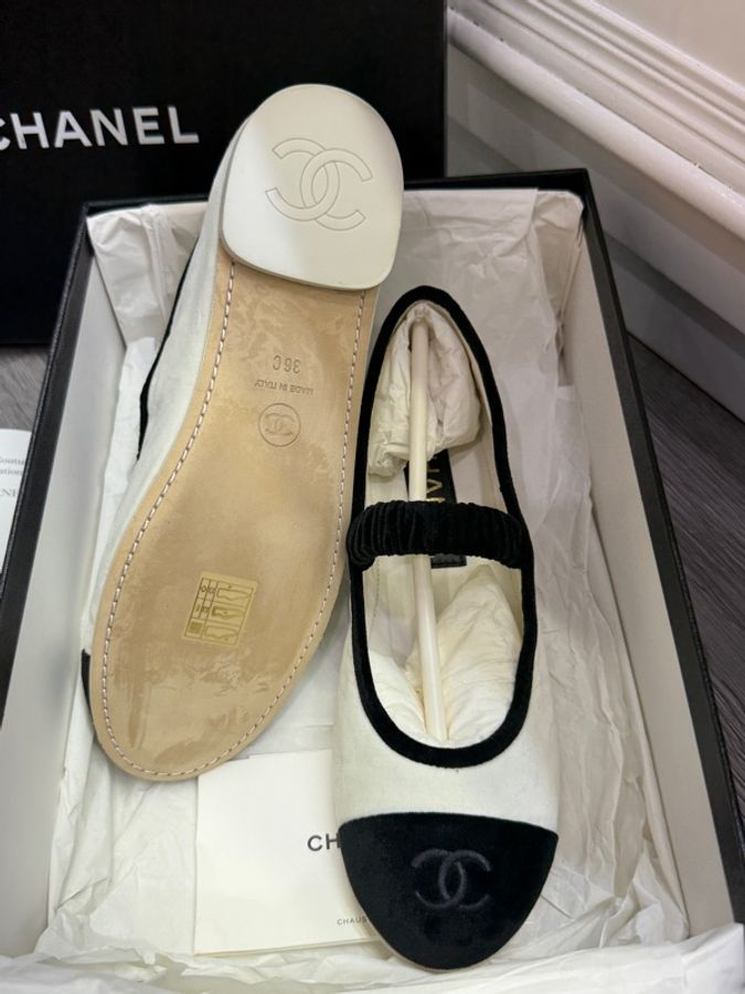 全新香奈兒chanel 平地鞋 芭蕾舞鞋絲絨熊貓配色瑪麗珍 size 36-2
